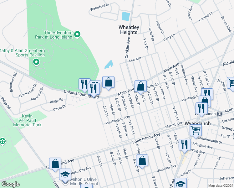 map of restaurants, bars, coffee shops, grocery stores, and more near 176 North 24th Street in Wyandanch