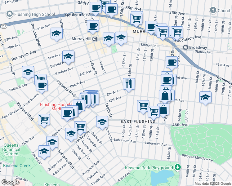 map of restaurants, bars, coffee shops, grocery stores, and more near 149-31 45th Avenue in Queens