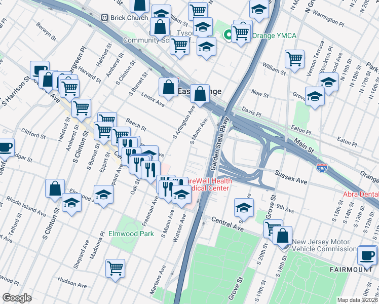 map of restaurants, bars, coffee shops, grocery stores, and more near 43 South Munn Avenue in East Orange