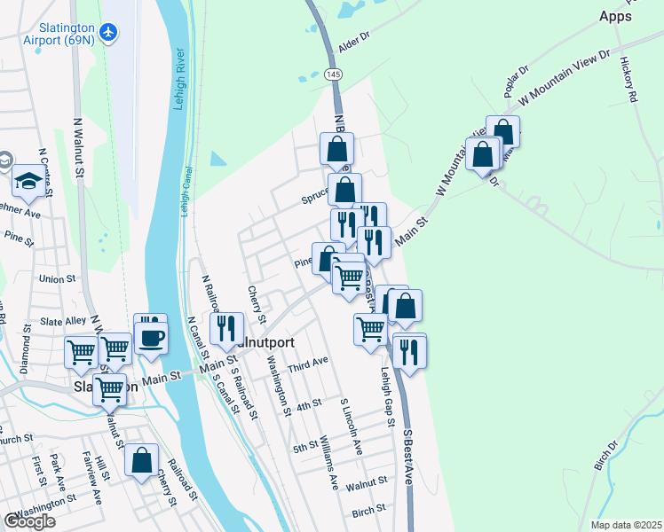 map of restaurants, bars, coffee shops, grocery stores, and more near 445 Main Street in Walnutport