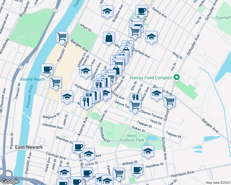 map of restaurants, bars, coffee shops, grocery stores, and more near 139 Devon Street in Kearny