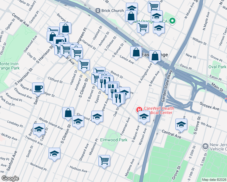 map of restaurants, bars, coffee shops, grocery stores, and more near 48 Shepard Avenue in East Orange