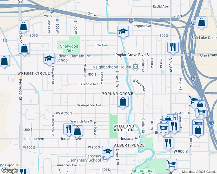 map of restaurants, bars, coffee shops, grocery stores, and more near 1190 West 600 South in Salt Lake City