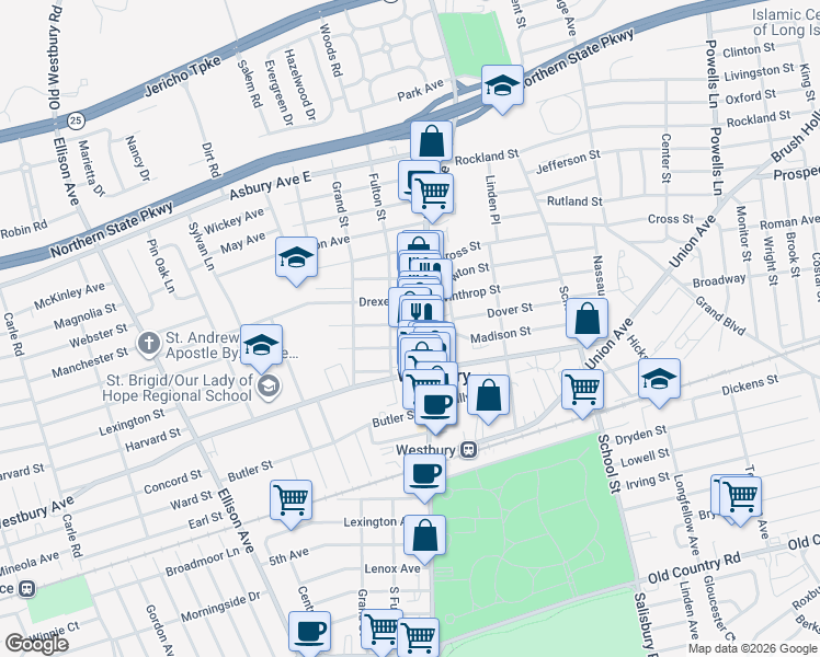 map of restaurants, bars, coffee shops, grocery stores, and more near 255 Schenck Avenue in Westbury