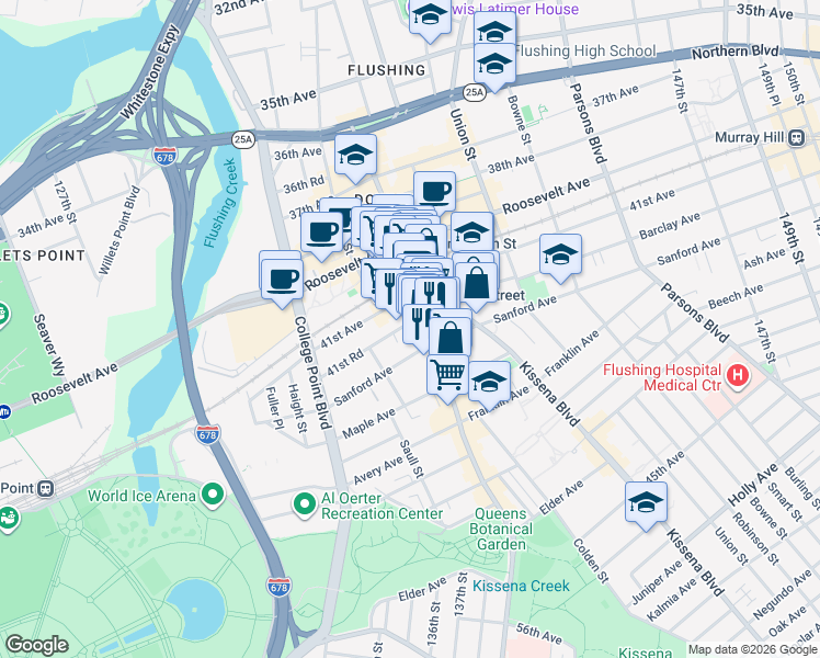 map of restaurants, bars, coffee shops, grocery stores, and more near 136-31 41st Avenue in Queens
