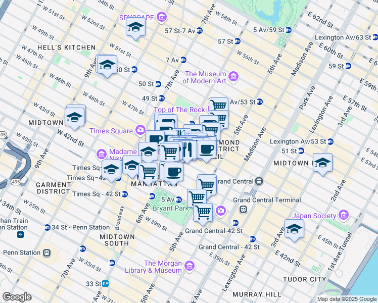 map of restaurants, bars, coffee shops, grocery stores, and more near 65 West 46th Street in New York