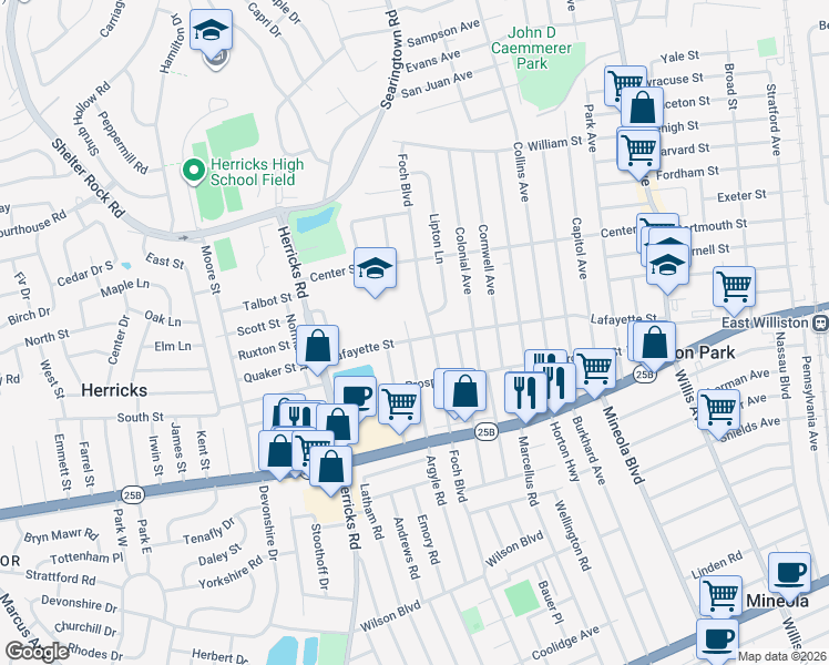 map of restaurants, bars, coffee shops, grocery stores, and more near 195 Lafayette Street in Williston Park