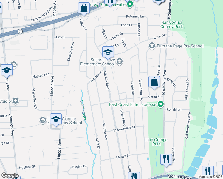 map of restaurants, bars, coffee shops, grocery stores, and more near 447 Sayville Boulevard in Sayville