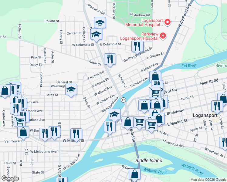 map of restaurants, bars, coffee shops, grocery stores, and more near 701-749 Vandalia Street in Logansport