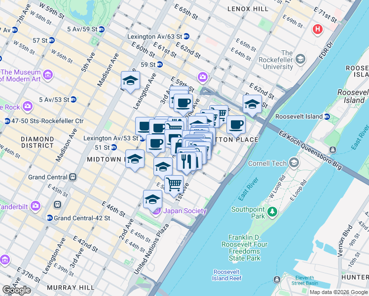 map of restaurants, bars, coffee shops, grocery stores, and more near 348 East 54th Street in New York