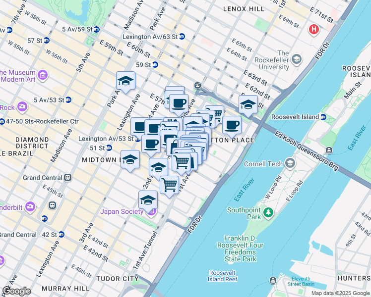 map of restaurants, bars, coffee shops, grocery stores, and more near 348 East 54th Street in New York
