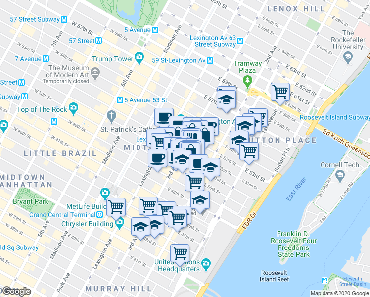 map of restaurants, bars, coffee shops, grocery stores, and more near 3rd Ave & E 52nd St in New York