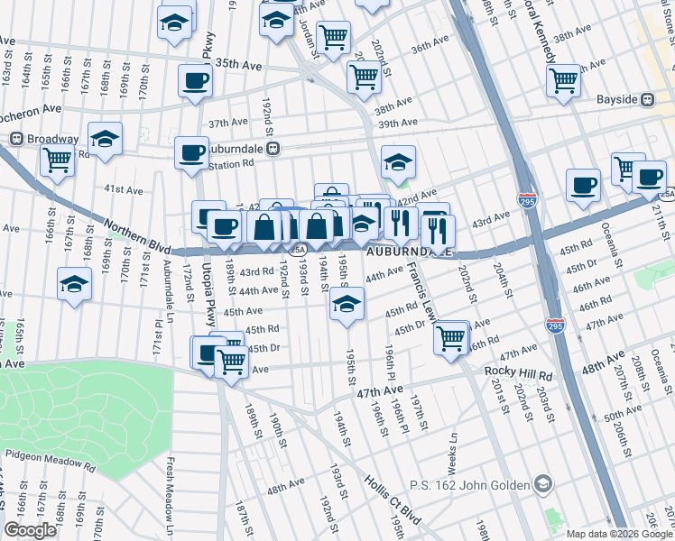 map of restaurants, bars, coffee shops, grocery stores, and more near 43-48 195th Street in Queens