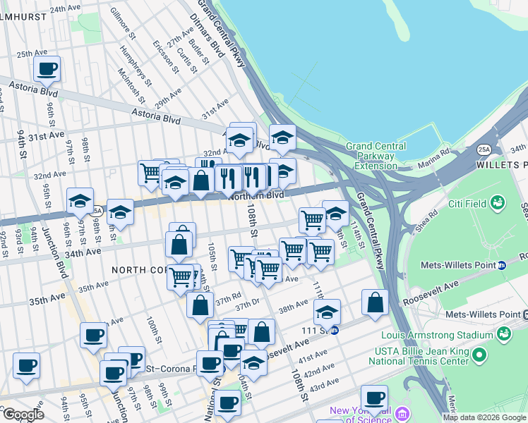 map of restaurants, bars, coffee shops, grocery stores, and more near 108-17 34th Avenue in Queens