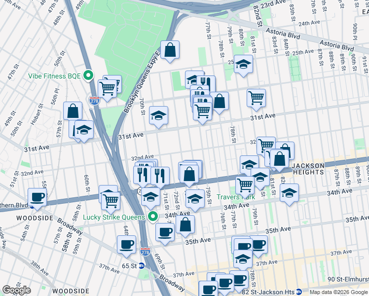 map of restaurants, bars, coffee shops, grocery stores, and more near 72-12 32nd Avenue in Queens