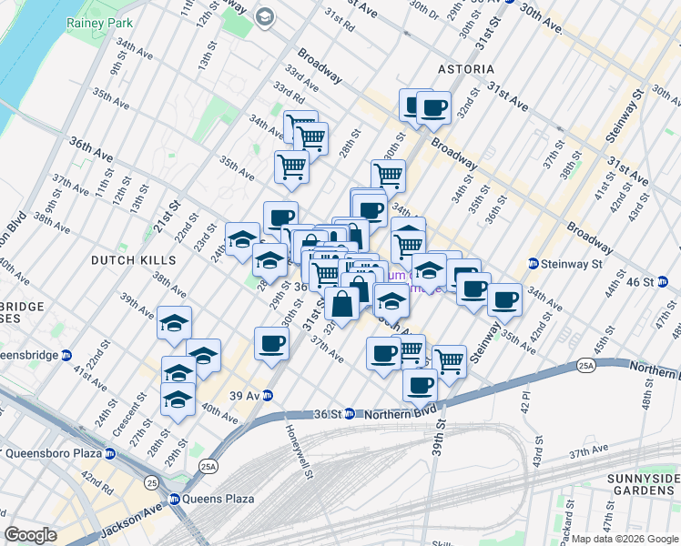 map of restaurants, bars, coffee shops, grocery stores, and more near 35-54 32nd Street in Queens