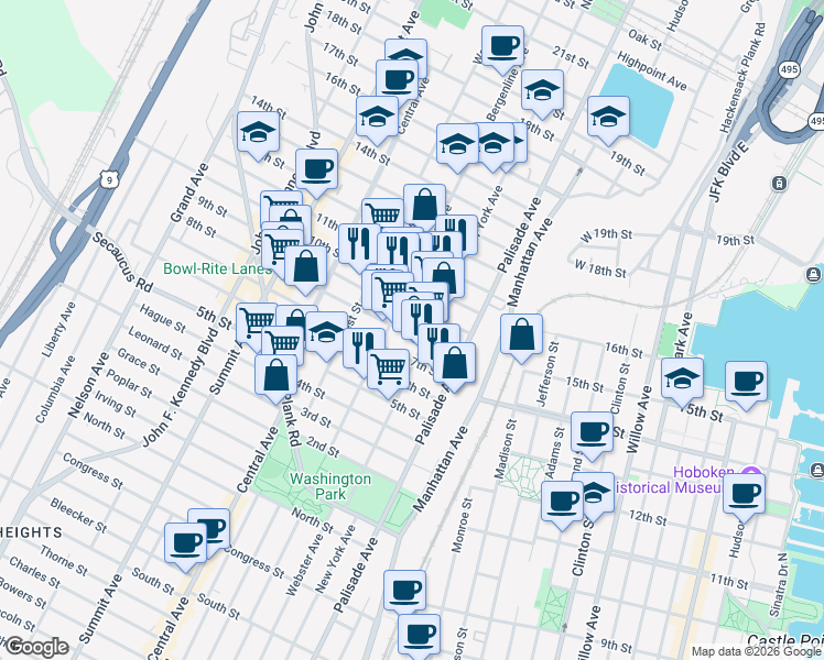 map of restaurants, bars, coffee shops, grocery stores, and more near 703 New York Avenue in Union City