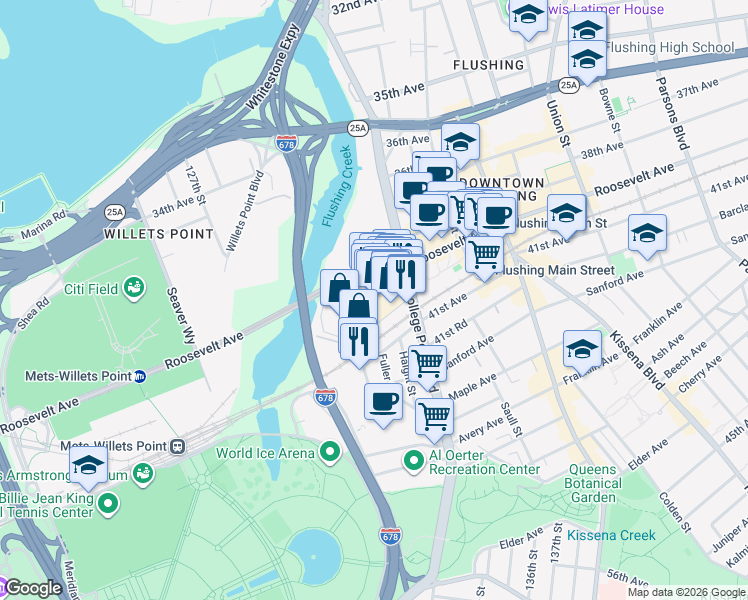 map of restaurants, bars, coffee shops, grocery stores, and more near 40-26 College Point Boulevard in Queens