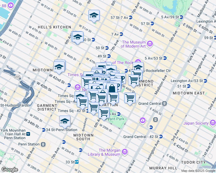 map of restaurants, bars, coffee shops, grocery stores, and more near 130 West 44th Street in New York