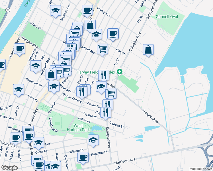 map of restaurants, bars, coffee shops, grocery stores, and more near 60 Ivy Street in Kearny