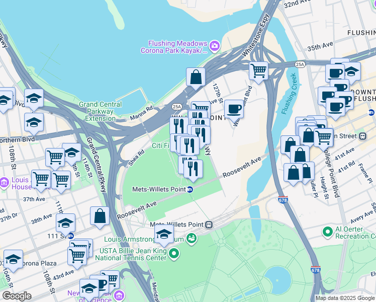 map of restaurants, bars, coffee shops, grocery stores, and more near 41 Seaver Way in Queens