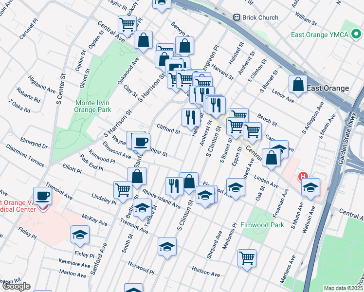map of restaurants, bars, coffee shops, grocery stores, and more near 47 Irving Street in East Orange