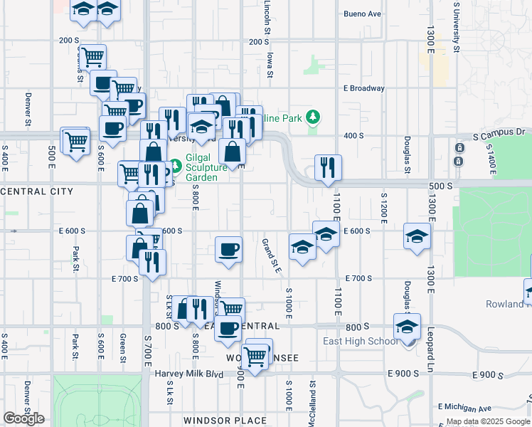 map of restaurants, bars, coffee shops, grocery stores, and more near 543 South 900 East in Salt Lake City