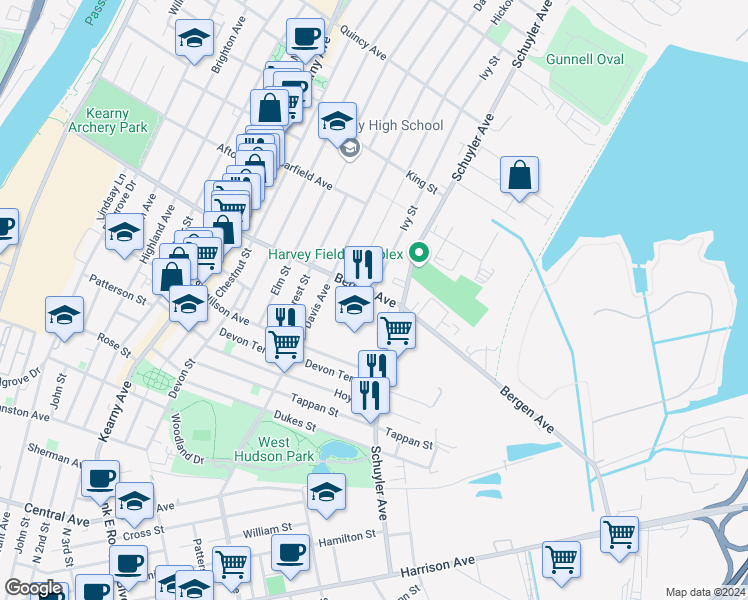 map of restaurants, bars, coffee shops, grocery stores, and more near 60 Ivy Street in Kearny