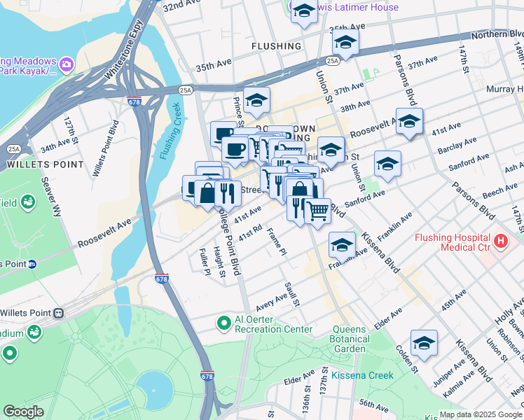 map of restaurants, bars, coffee shops, grocery stores, and more near 13261 41st Road in Queens