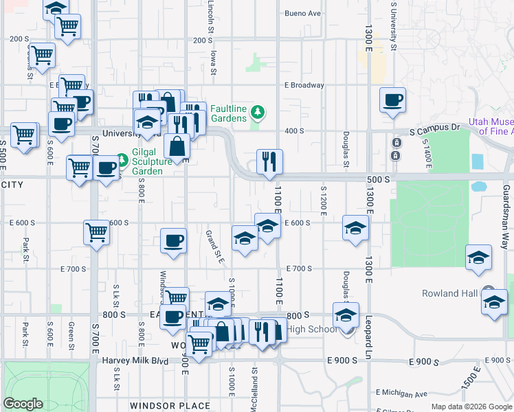 map of restaurants, bars, coffee shops, grocery stores, and more near 1035 East 600 South in Salt Lake City
