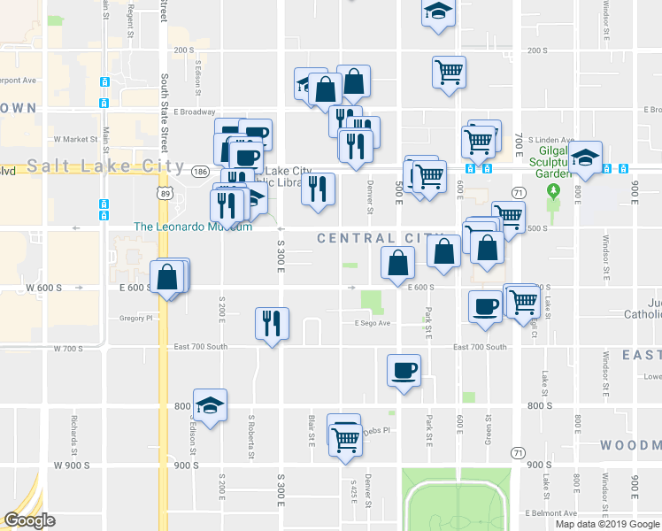 map of restaurants, bars, coffee shops, grocery stores, and more near 379 East 600 South in Salt Lake City