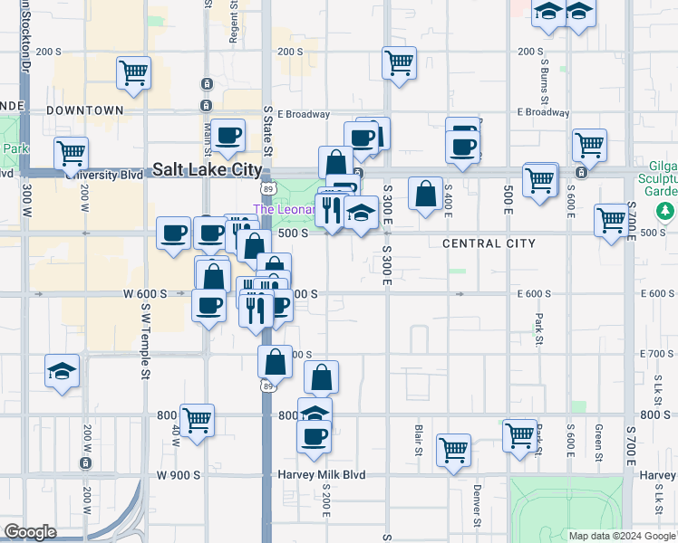 map of restaurants, bars, coffee shops, grocery stores, and more near 577 South 200 East in Salt Lake City