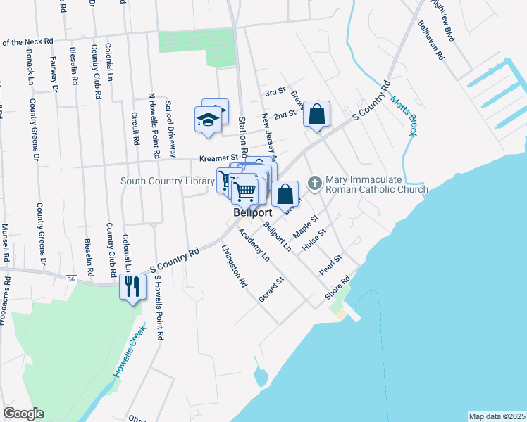 map of restaurants, bars, coffee shops, grocery stores, and more near in Bellport