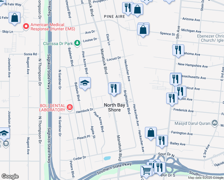 map of restaurants, bars, coffee shops, grocery stores, and more near 1595 Manatuck Boulevard in Bay Shore