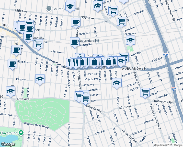 map of restaurants, bars, coffee shops, grocery stores, and more near 189-19 44th Avenue in Queens