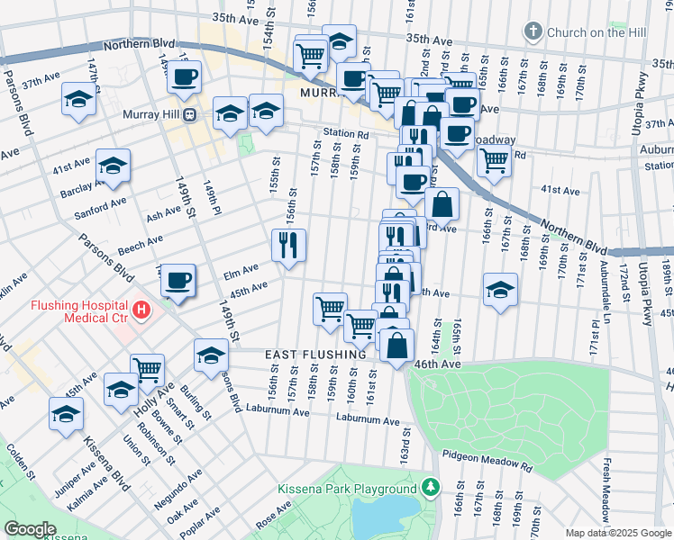 map of restaurants, bars, coffee shops, grocery stores, and more near 45-04 159th Street in Queens