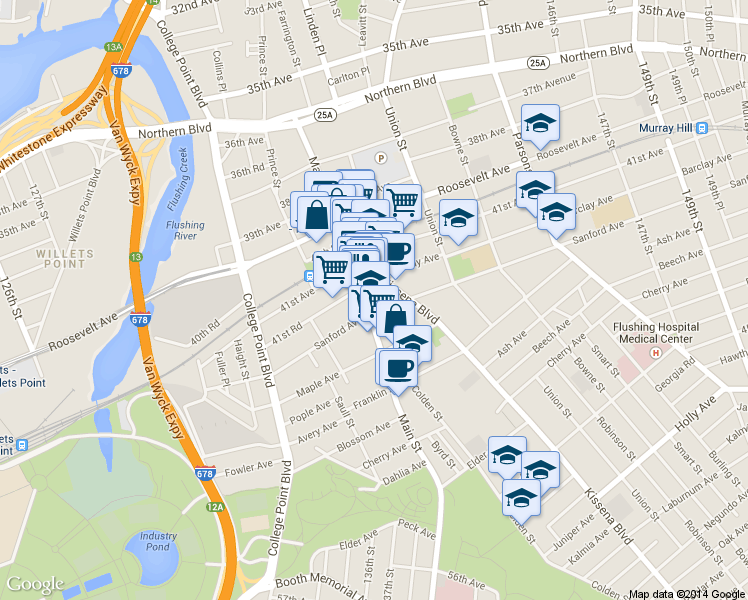map of restaurants, bars, coffee shops, grocery stores, and more near in Queens