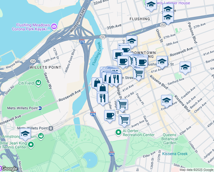 map of restaurants, bars, coffee shops, grocery stores, and more near 131-07 40th Road in Queens