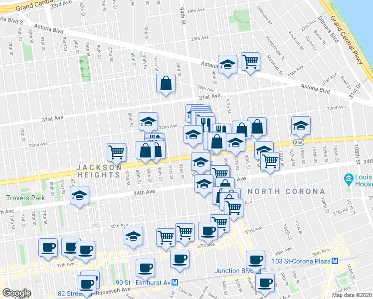 map of restaurants, bars, coffee shops, grocery stores, and more near 33-4 93rd Street in Queens