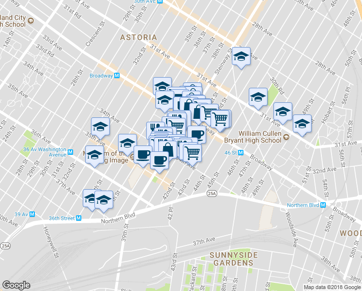 map of restaurants, bars, coffee shops, grocery stores, and more near 4015 34th Avenue in Queens