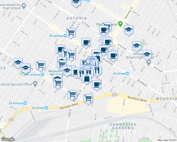 map of restaurants, bars, coffee shops, grocery stores, and more near 3410 Steinway Street in Queens