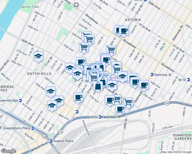 map of restaurants, bars, coffee shops, grocery stores, and more near 35-54 32nd Street in Queens