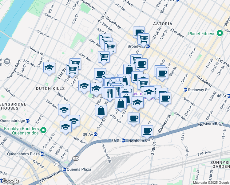 map of restaurants, bars, coffee shops, grocery stores, and more near in Queens