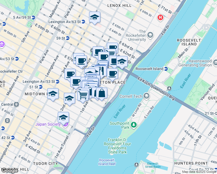 map of restaurants, bars, coffee shops, grocery stores, and more near 435 East 55th Street in New York