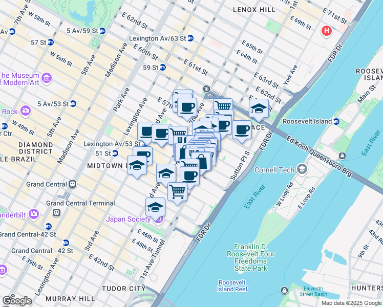 map of restaurants, bars, coffee shops, grocery stores, and more near 966 1st Avenue in New York