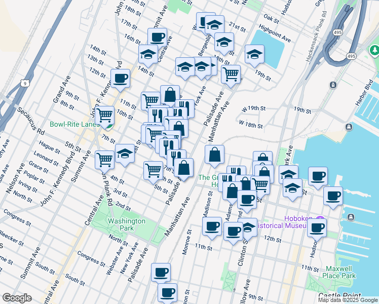 map of restaurants, bars, coffee shops, grocery stores, and more near 912 Palisade Avenue in Union City