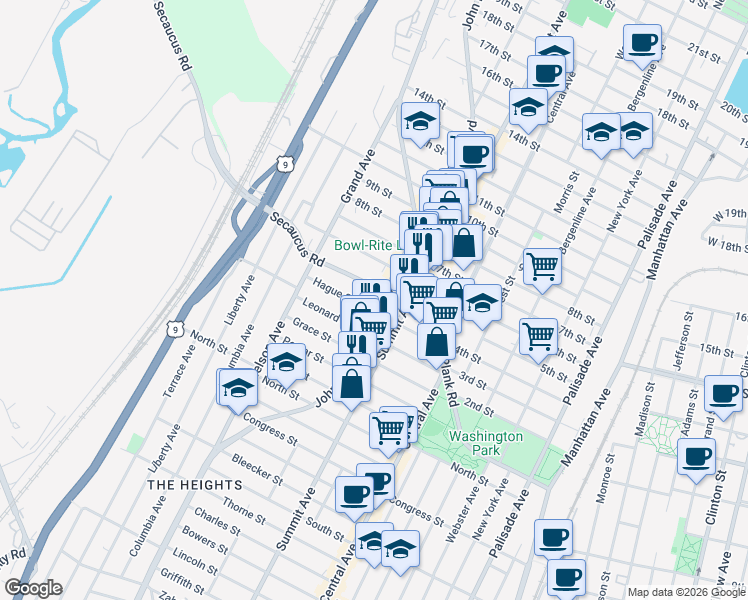 map of restaurants, bars, coffee shops, grocery stores, and more near 57 Hague Street in Jersey City