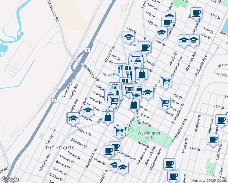 map of restaurants, bars, coffee shops, grocery stores, and more near 57 Hague Street in Jersey City