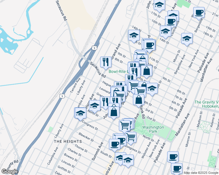 map of restaurants, bars, coffee shops, grocery stores, and more near 96 Leonard Street in Jersey City