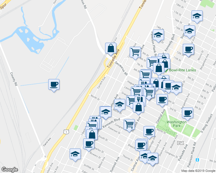 map of restaurants, bars, coffee shops, grocery stores, and more near 580 Liberty Avenue in Jersey City